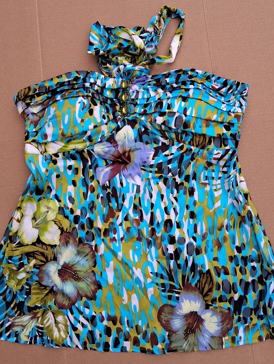 Cache Tops - Cache Y2K Silk Halter Top XL Blue Floral Tropical Print Beaded Bust